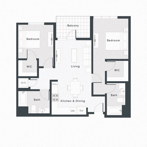 Floor plan for 2 beds, 2 baths, 1030 sqft
